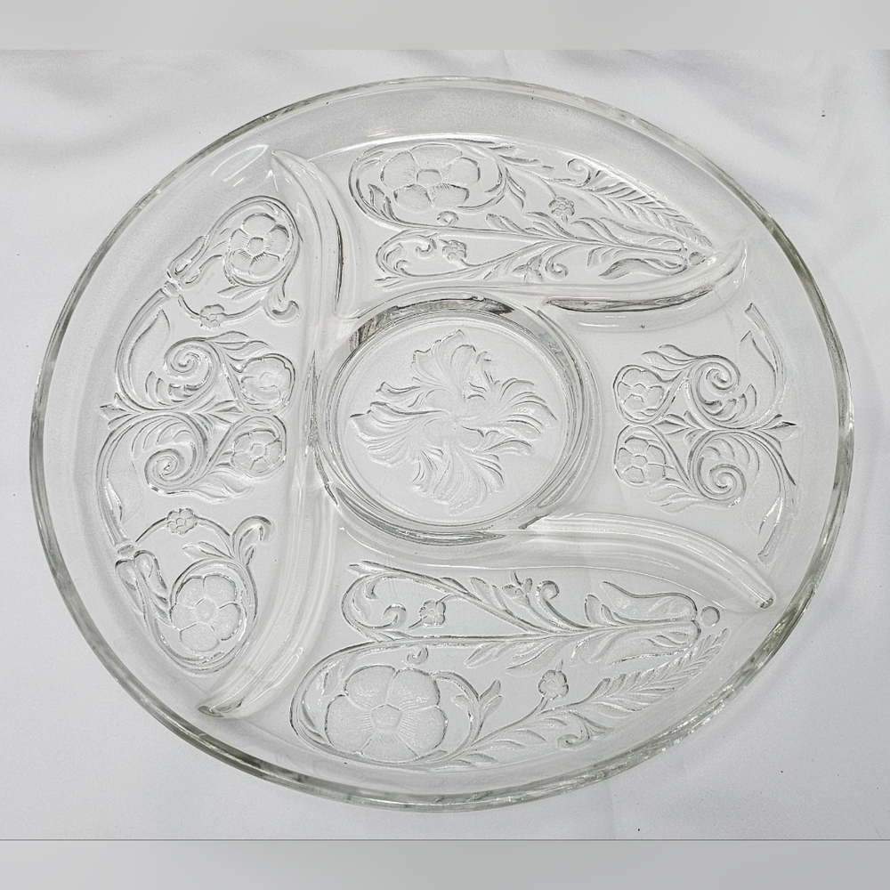 Vintage McKee Depression Glass Rock Crystal Clear 5 Part Relish Dish Tray Floral